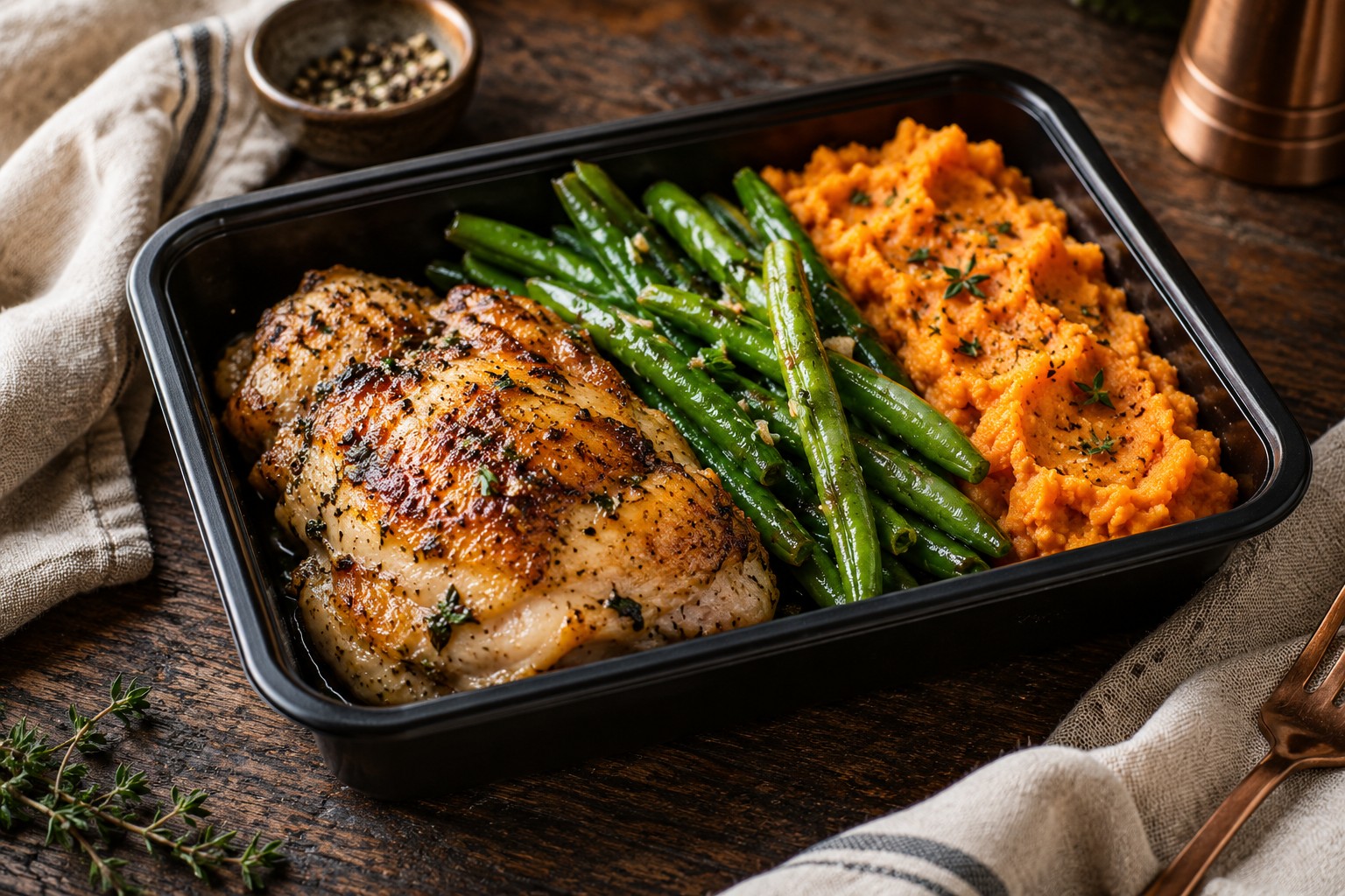 Roasted chicken, green beans and sweet potato mash in a meal-prep container on a rustic table